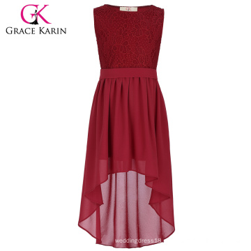 Grace Karin Crianças Crianças sem mangas Comprimento do pescoço De alto-baixo Lace Chiffon Red Splicing Meninas Vestido 2-12 Anos CL008976-1